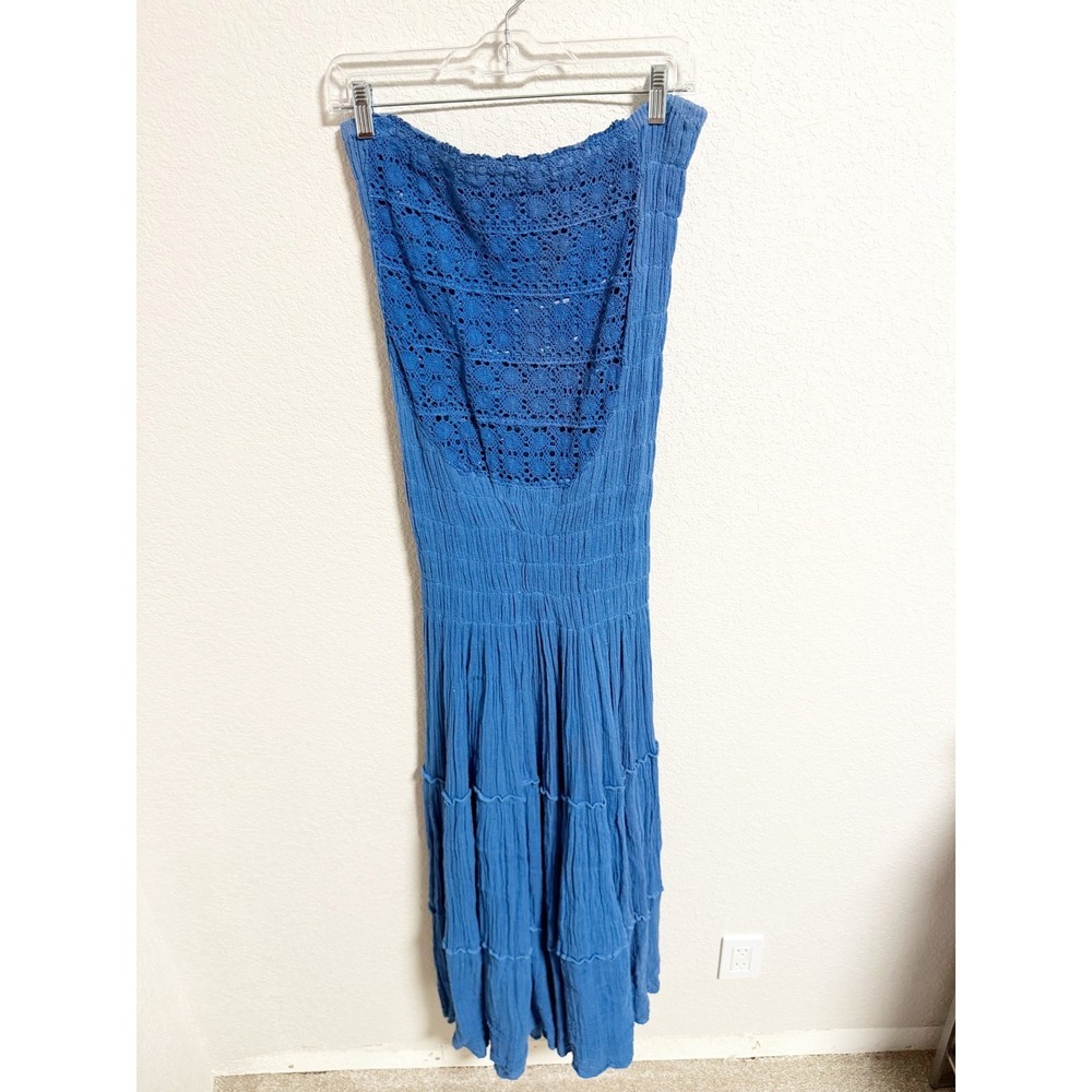 Jen's‎ Pirate Booty Crochet Gauze Smocked Strapless Maxi Dress Tiered Blue OS